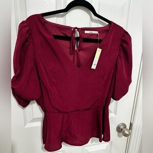 Francesca's Collections Burgundy Puff Sleeve Peplum Blouse